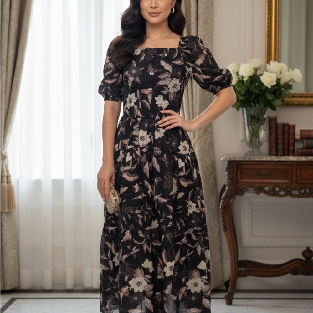 Ulla Johnson Black and Cream Floral Maxi Dress